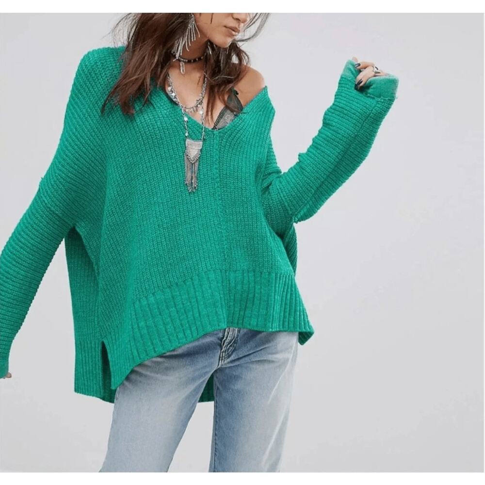 Free People Take Over Me Sweater XS/S | Aqua Oversized Slouchy Chunky Knit Boho